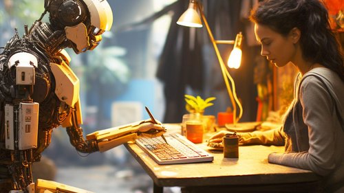 Mensch und Roboter arbeiten und malen gemeinsam an einem Schreibtisch in einer gemütlichen, beleuchteten Umgebung.