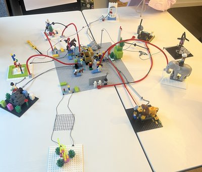 Lego Serious Play Workshop Modell: Ein komplexes Lego-Modell auf einem Tisch, das die Vernetzung von Konzepten zeigt.