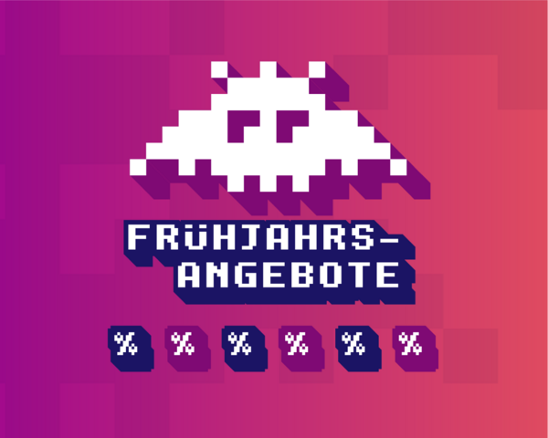 Frühlingsangebote! Ein retroartiges Pixeldesign zeigt ein weißes außerirdisches Raumschiff, das über dem deutschen Text "FRÜHJAHRS-ANGEBOTE" schwebt. Sechs pixelige Prozentzeichen befinden sich am unteren Rand und deuten auf Rabatte hin.