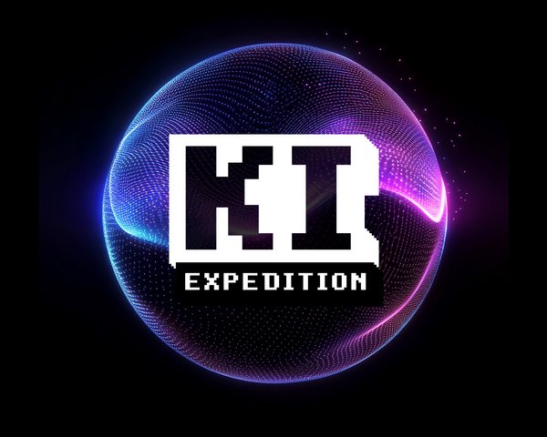 Glowing digital sphere with neon blue and purple lights against a dark background, featuring the bold pixelated text 'KI EXPEDITION' in the foreground.