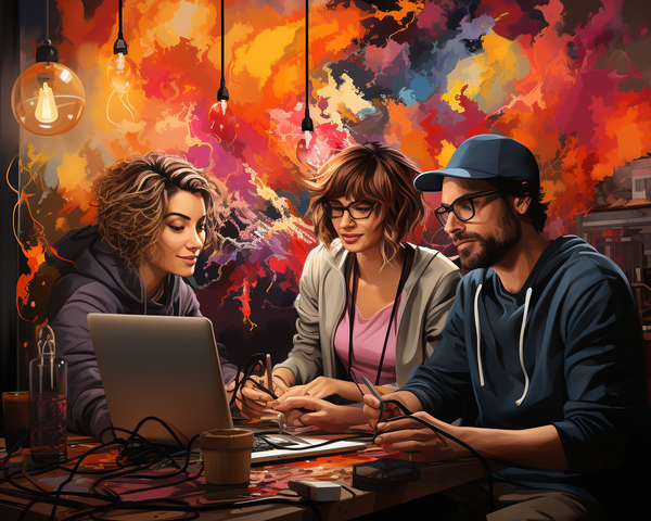 KI-Bild: Drei Personen sitzen zusammen und nehmen einen Podcast in einer kreativen, bunten Umgebung auf.