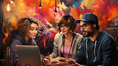 KI-Bild: Drei Personen sitzen zusammen und nehmen einen Podcast in einer kreativen, bunten Umgebung auf.