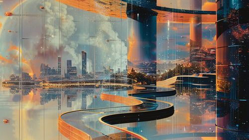 KI-Bild: Futuristische Landschaft mit geschwungenen Wegen und hoch aufragenden Gebäuden im Sonnenuntergang.