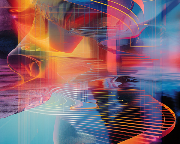 KI-Bild: Bunte, geschwungene Linien, die eine futuristische und dynamische Komposition formen.