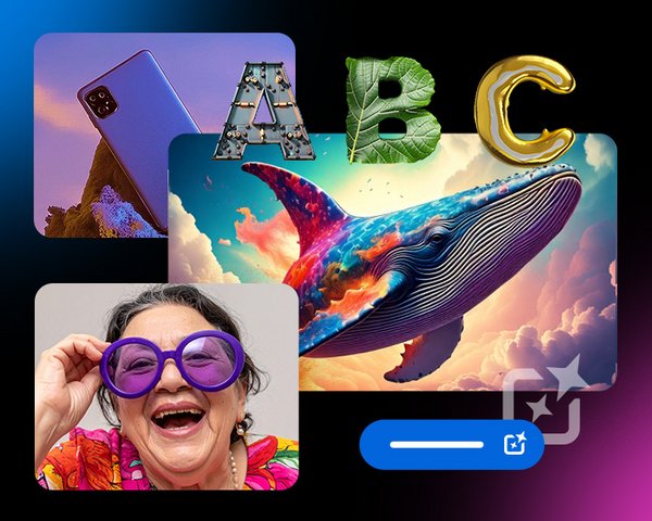 Mit Adobe Firefly generierte Bilder - Frau mit lila Brille, Produktfoto Mobiltelefon und Bunter Wal in den Wolken, darunter einstilisierter blauer Button