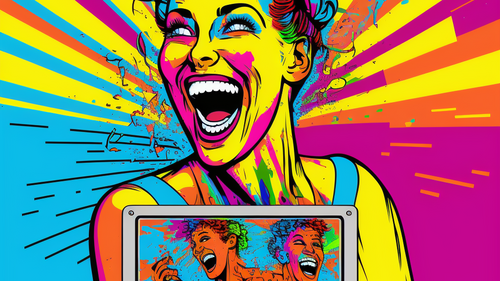 Eine farbenfrohe Pop-Art-Darstellung einer lachenden Frau mit bunten Gesichtszügen vor strahlenden Linien in Gelb, Pink und Blau. Im Vordergrund steht ein Laptop, dessen Bildschirm die gleiche Frau zeigt.