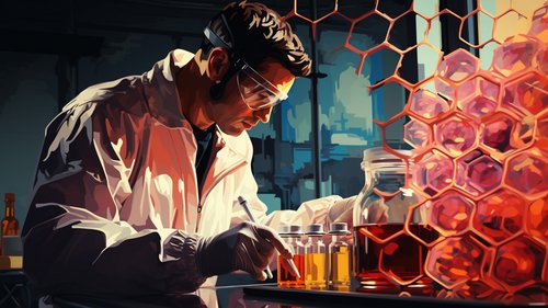 KI-Bild: Wissenschaftler in einem Labor arbeitet mit chemischen Proben und einem leuchtenden Honigwabenmuster.
